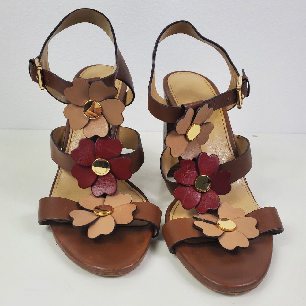 MICHAEL KORS Leather + Wood Flower Strappy Cage Heels / Sandals - Picture 16 of 16